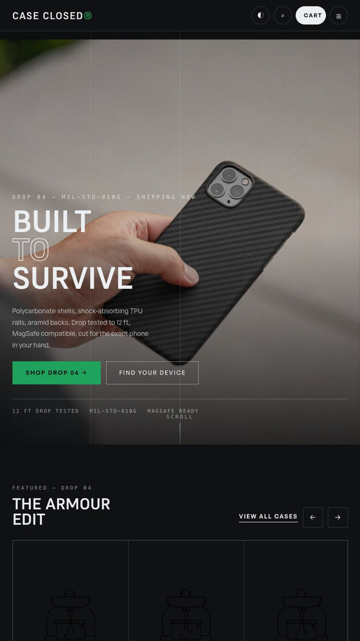 Case Closed Shopify theme — mobile home page