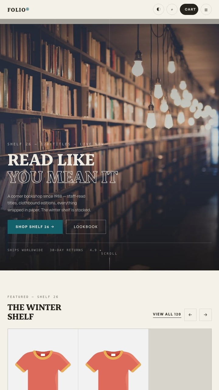 Folio Books Shopify theme — mobile home page