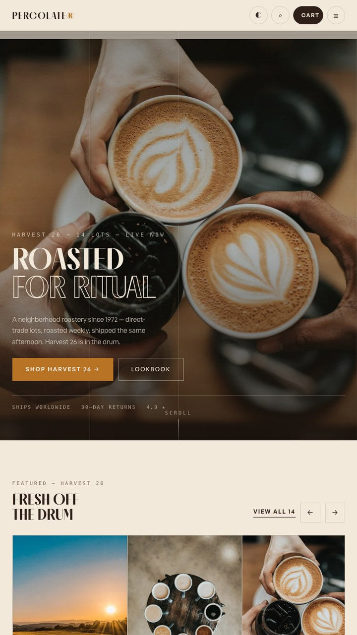 Percolate & Co. Shopify theme — mobile home page