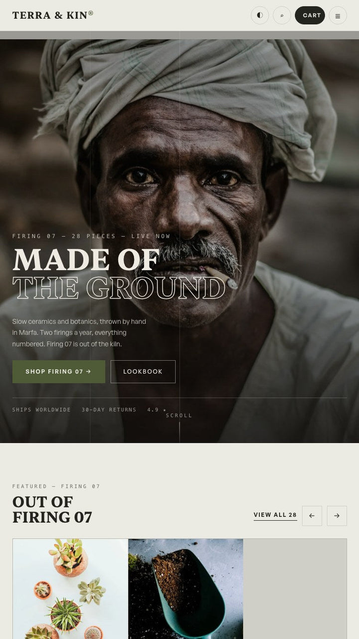 Terra & Kin Shopify theme — mobile home page